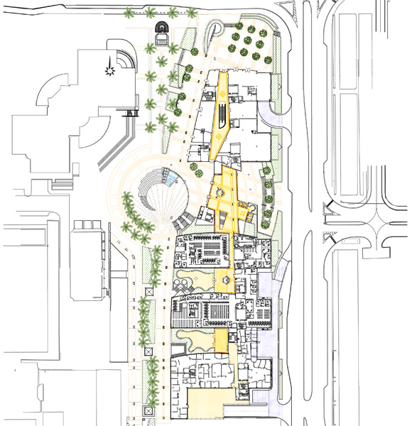 Floor plan showing mall upper level and main entrance of government center