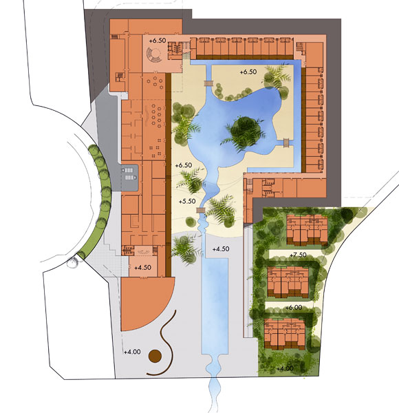 Lower level plan; developement around the pool