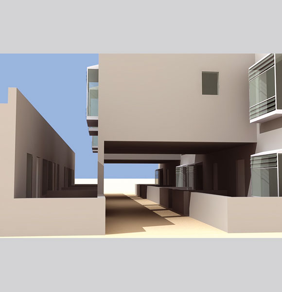 Computer model; view of shaded passageway between buildings